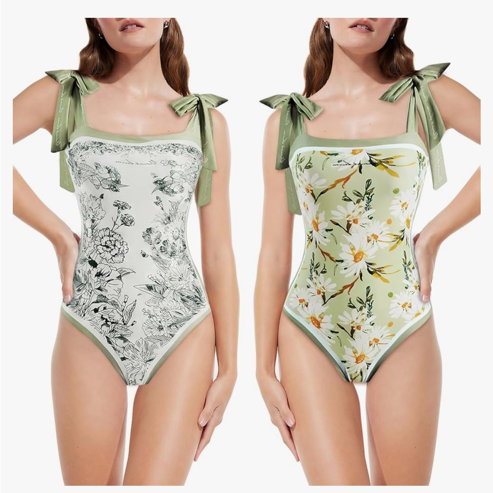 Women's Reversible Floral One Piece Swimsuit with shoulder ties